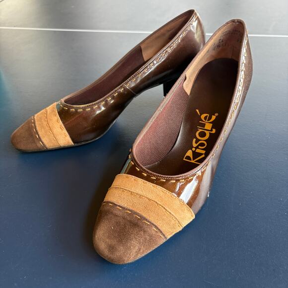 Vintage 60s Chocolate Brown Block Heels Career Secretary Mad Men Size 8 - Picture 1 of 10